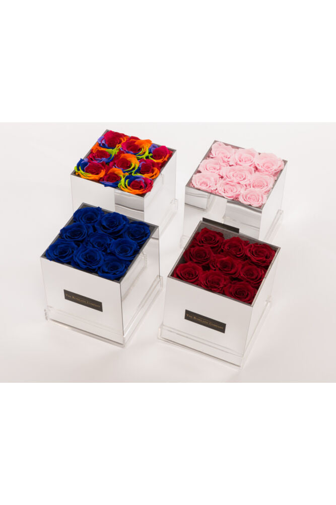 Quadratische Spiegelbox mit Infinity Rosen
